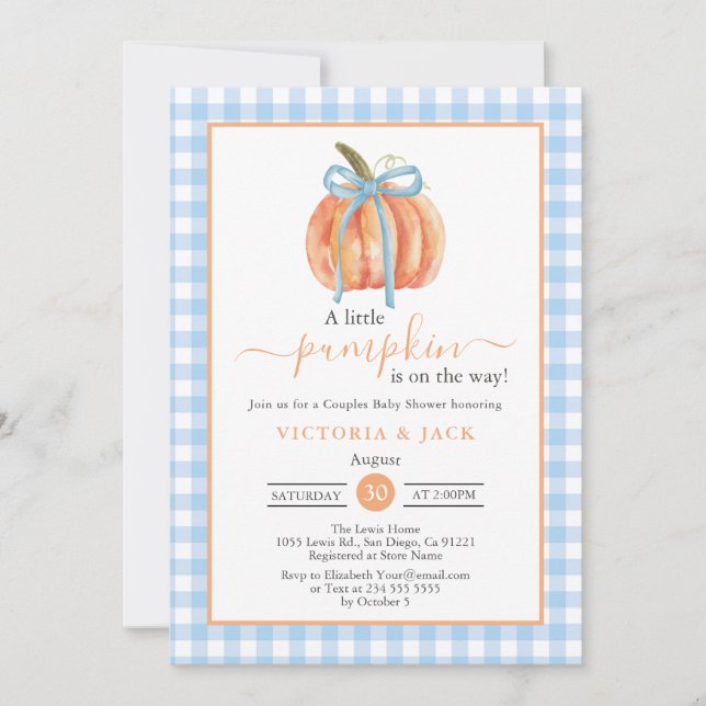Invitación Little Pumpkin Blue Gingham Fall Baby Shower (Anverso)