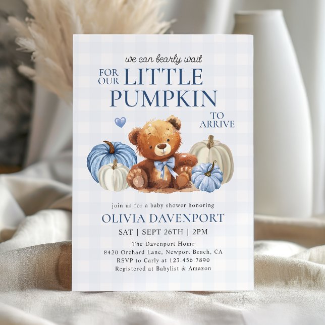 Invitación Little Pumpkin Blue Gingham Fall Boy Baby Shower (Subido por el creador)