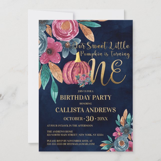 Invitación Little Pumpkin Fall Gold Floral 1er cumpleaños (Anverso)
