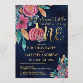 Invitación Little Pumpkin Fall Gold Floral 1er cumpleaños