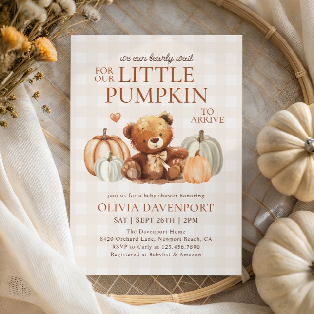 Invitación Little Pumpkin Gingham Teddy Bear Cae Baby Shower (Subido por el creador)