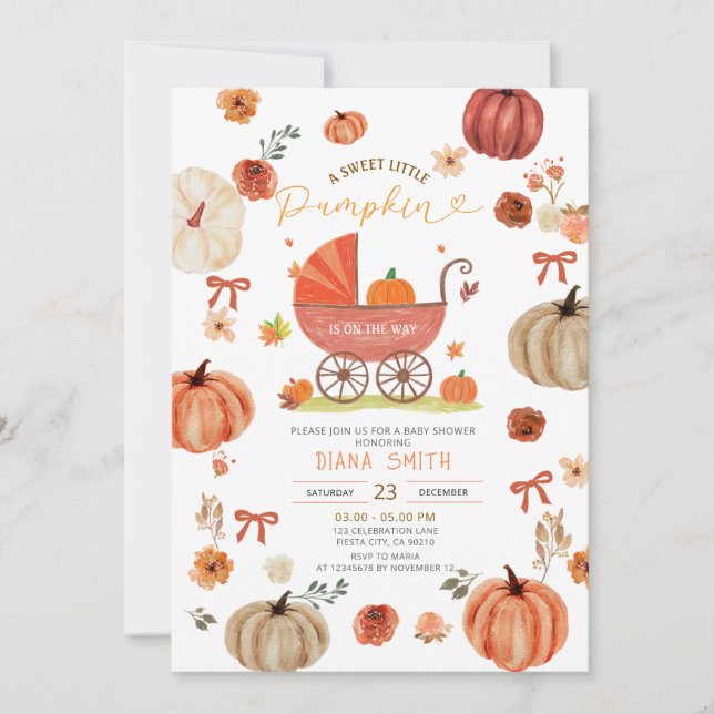 Invitación Little Pumpkin on the way Carriage Baby Shower (Anverso)