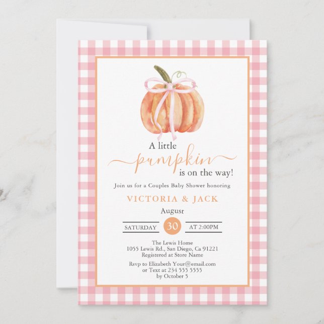 Invitación Little Pumpkin Pink Gingham Fall Baby Shower (Anverso)