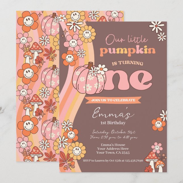 Invitación Little Pumpkin Retro 1st Birthday Invitation (Anverso / Reverso)