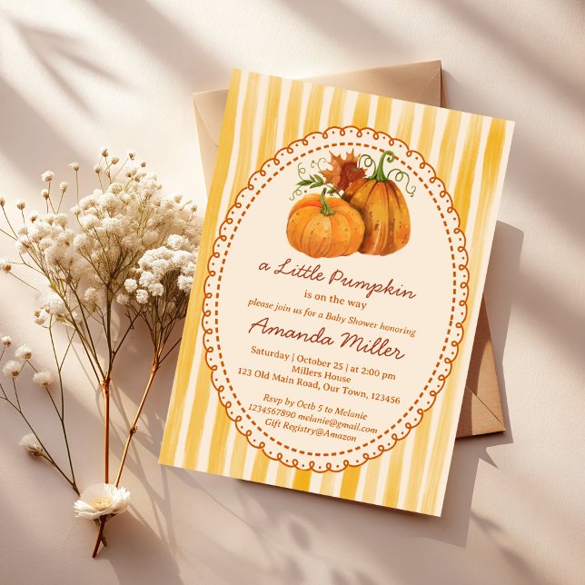 Invitación Little pumpkin retro stripes baby shower (Little pumpkin hand drawn retro yellow stripes cute fall baby shower invitation cards template)