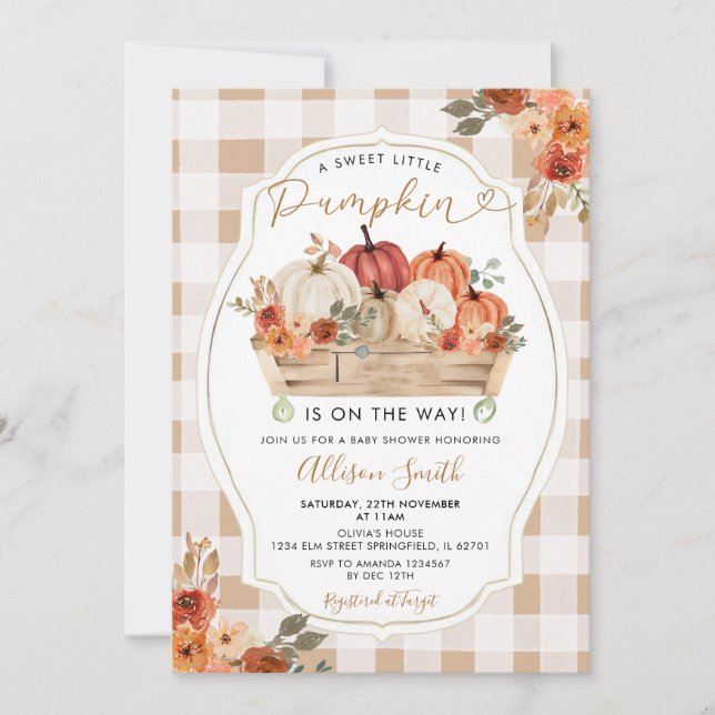 Invitación Little Pumpkin Rustic Floral Gingham Baby Shower (Anverso)