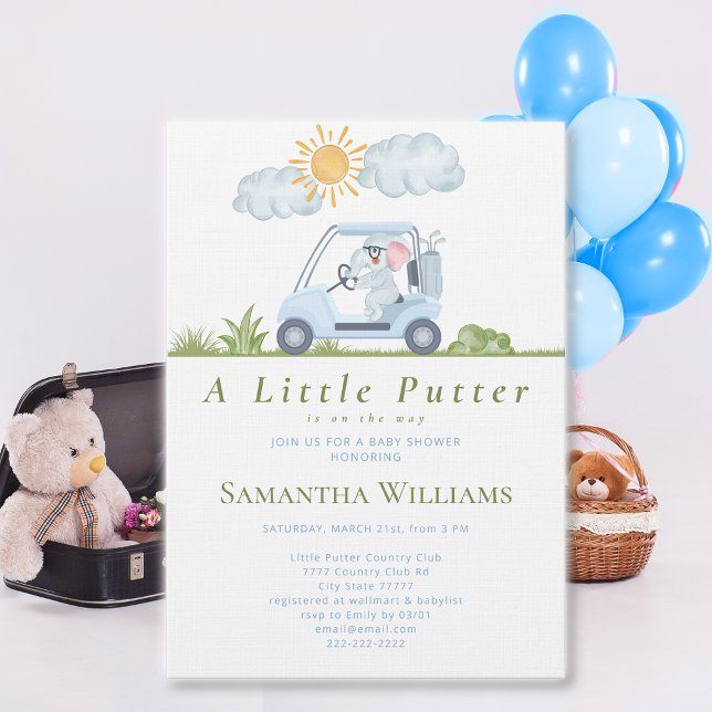 Invitación Little Putter Golfer Watercolor Golf Baby Shower (Little Putter Golfer Watercolor Golf Cute Lil Elephant Driving Golf Cart Blue Baby Shower Invitation)
