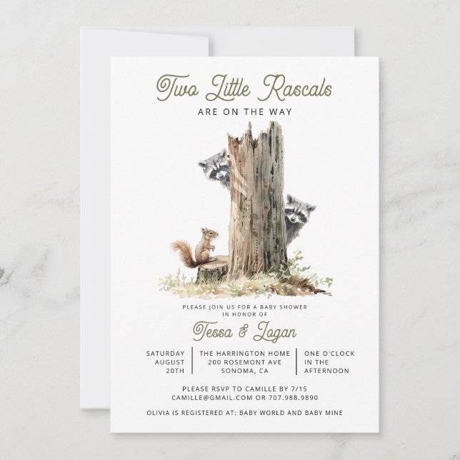 Invitación Little Rascals Raccoons Twins Baby Shower (Anverso)