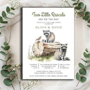 Invitación Little Rascals Raccoons Twins Baby Shower
