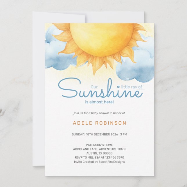 Invitación Little Ray of Sunshine Baby Boy Shower (Anverso)
