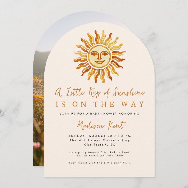 Invitación Little Ray of Sunshine Boho Sun Photo Baby Shower (Anverso / Reverso)