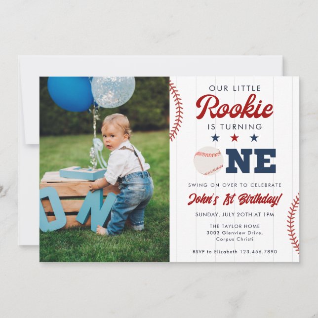Invitación Little Rookie Baseball 1st Birthday Photo (Anverso)