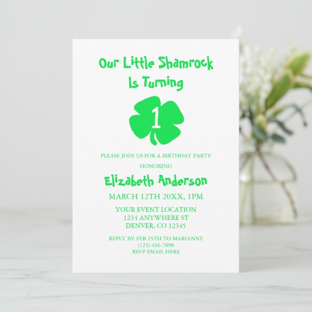 Invitación Little Shamrock 1er cumpleaños (Anverso de pie)