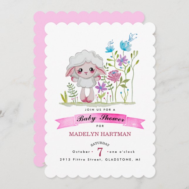 Invitación Little sheep in watercolor (Anverso / Reverso)