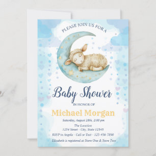 Invitación Little Sheep Moon Hearts Blue Baby Shower