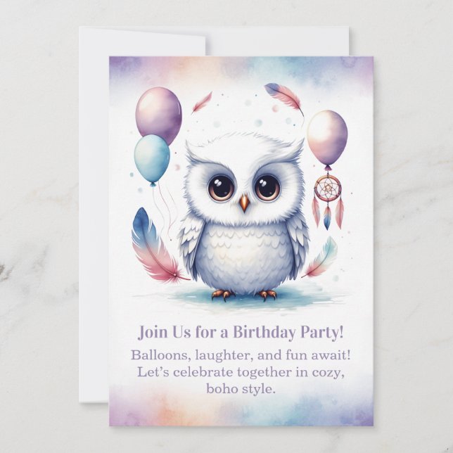 Invitación Little Snowy Owl Birthday Invitation Boho  (Anverso)