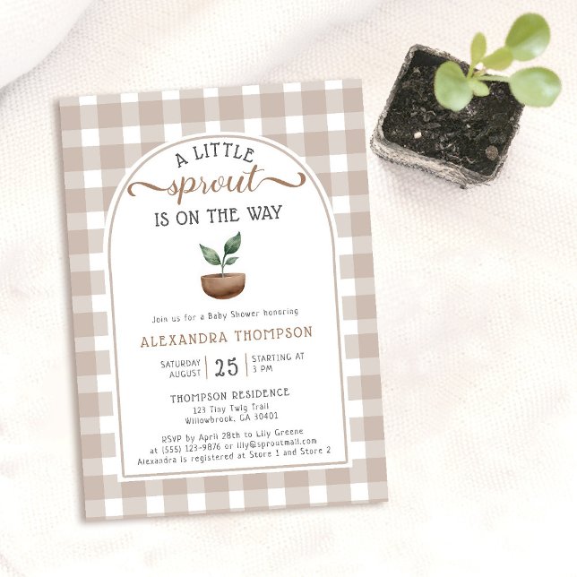 Invitación Little Sprout Boho Watercolor Neutral Baby Shower (little sprout baby shower invitation rustic girl boy neutral gingham plant boho arch cute watercolor)