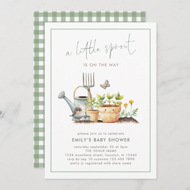 Invitación Little Sprout Border Sage Gingham Baby Shower  (Anverso / Reverso)