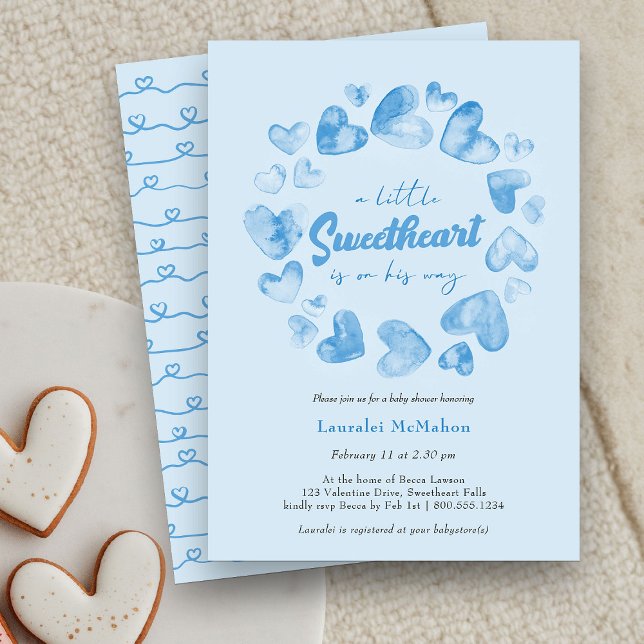 Invitación Little Squerido Blue Heart Valentine Baby Shower (Little Sweetheart is on his Way Baby Shower Invitation)