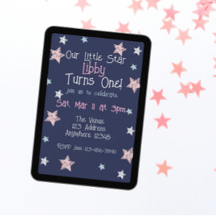 Invitación Little Star Cumple Uno Cumpleaños Pink Blue Blanco