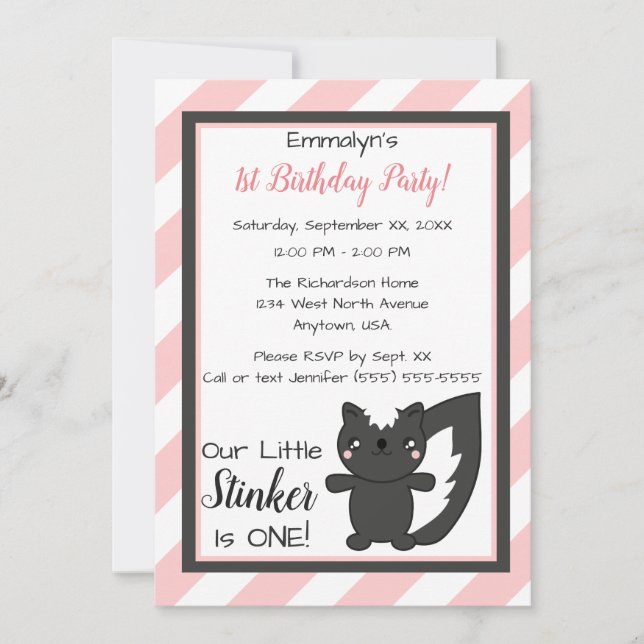 Invitación Little Stinker Pink Stripes Skunk Primer Cumpleaño (Anverso)