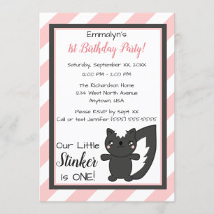 Invitación Little Stinker Pink Stripes Skunk Primer Cumpleaño