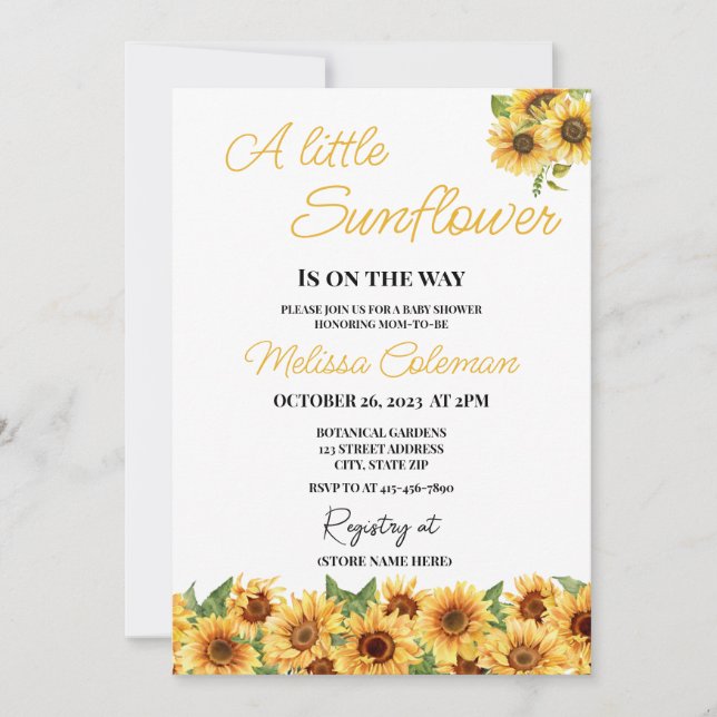 Invitación Little Sunflower Está En Camino De Baby Shower (Anverso)