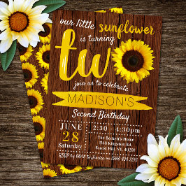 Invitación Little Sunflower Rustic Wood 2º cumpleaños