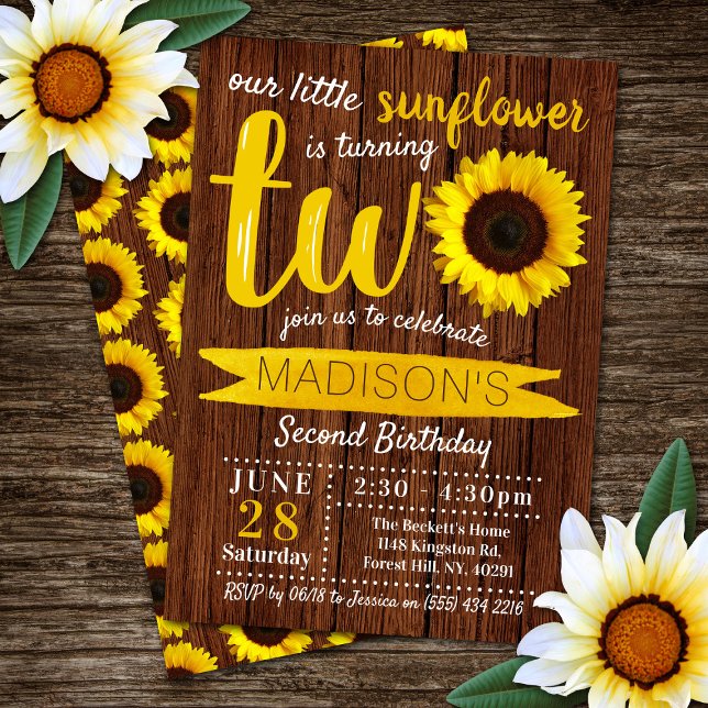 Invitación Little Sunflower Rustic Wood 2º cumpleaños (Subido por el creador)