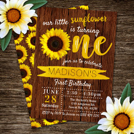 Invitación Little Sunflower Rustic Wood Primer cumpleaños