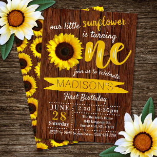 Invitación Little Sunflower Rustic Wood Primer cumpleaños