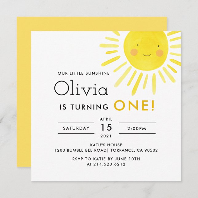 Invitación Little Sunshine 1er Birthday Fiesta Square (Anverso / Reverso)