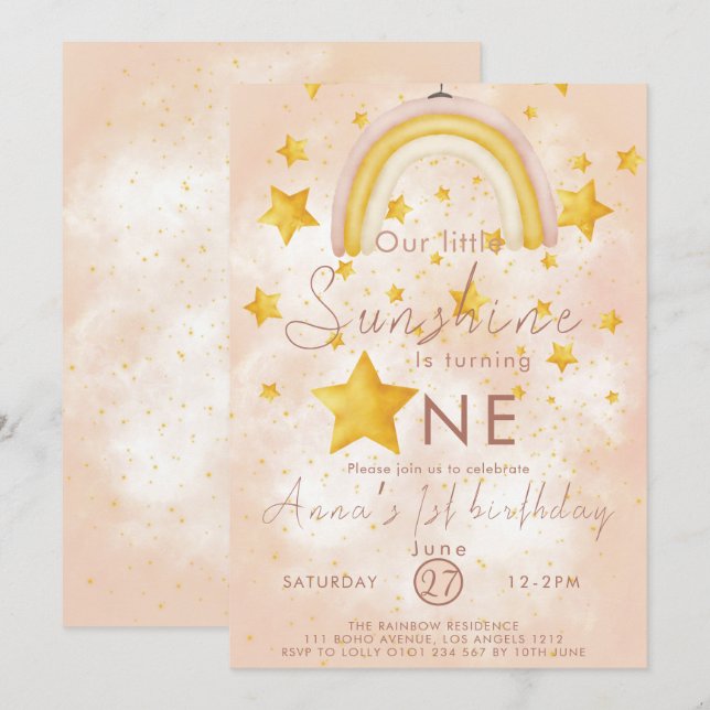 Invitación Little Sunshine Boho Rainbow Gold Star Cumpleaños (Anverso / Reverso)