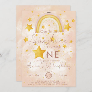 Invitación Little Sunshine Boho Rainbow Gold Star Cumpleaños