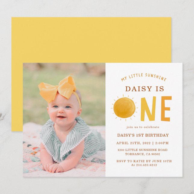 Invitación Little Sunshine es una foto del primer cumpleaños (Anverso / Reverso)
