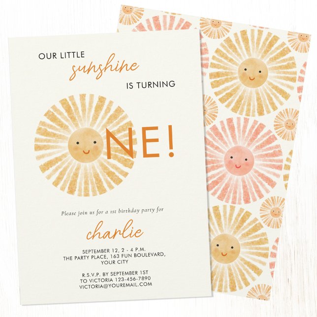 Invitación Little Sunshine First Birthday (Our little sunshine is turning one. Personalized happy waterolor sun first 1st birthday party invite)