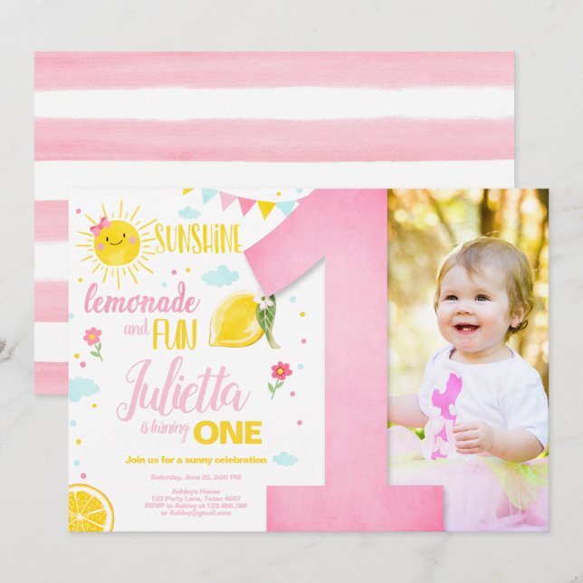 Invitación Little Sunshine Lemonade Chica Rosa Lemon Cumpleañ (Anverso / Reverso)