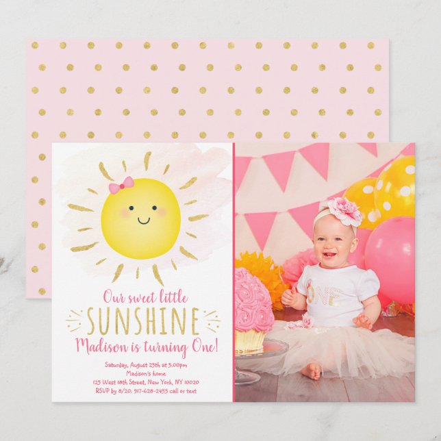 Invitación Little Sunshine Pink & Gold Birday (Anverso / Reverso)