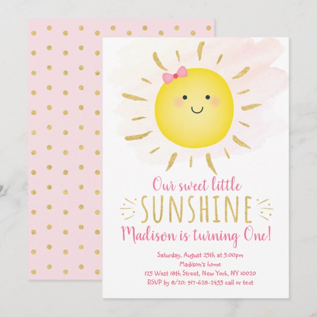 Invitación Little Sunshine Pink & Gold Birday (Anverso / Reverso)