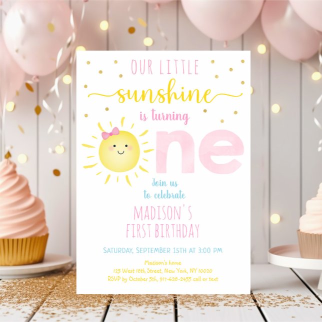 Invitación Little Sunshine Pink Gold First Birday (Subido por el creador)