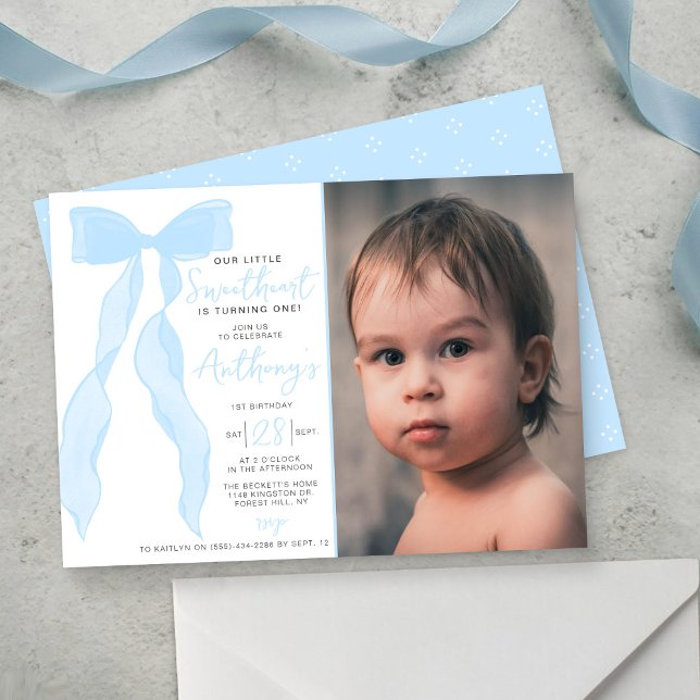 Invitación Little Sweetheart Elegant Blue Bow Birthday Photo (Subido por el creador)