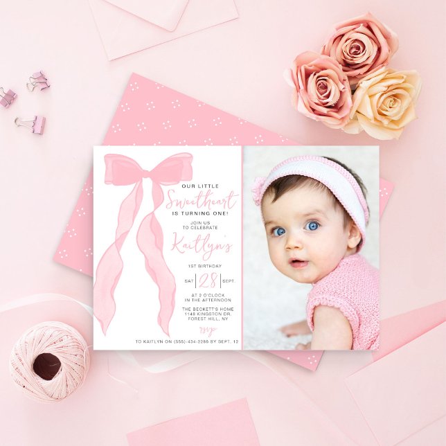 Invitación Little Sweetheart Elegant Pink Bow Birthday Photo (Subido por el creador)