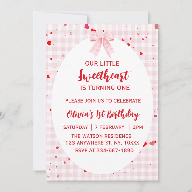 Invitación Little Sweetheart First Birthday Invitation. (Anverso)