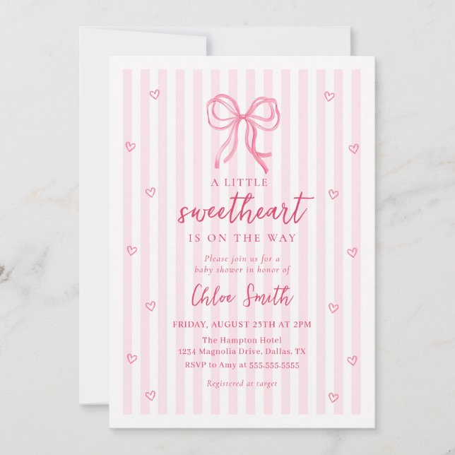 Invitación Little Sweetheart Pink Bow Baby Shower Invitation (Anverso)