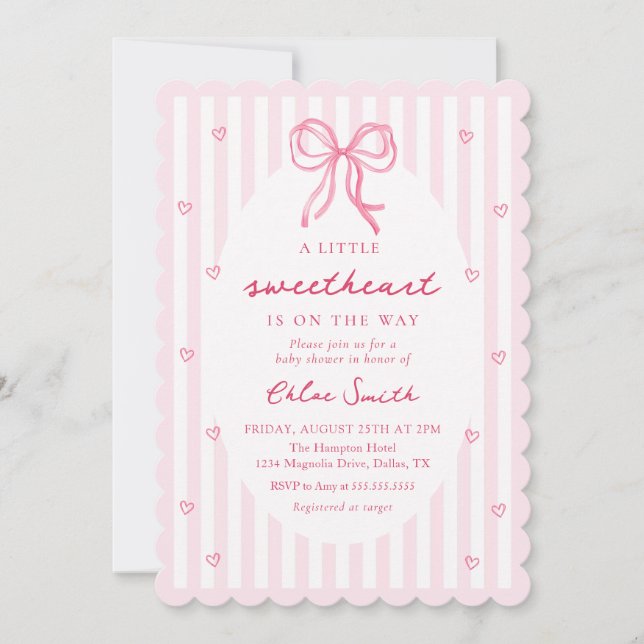 Invitación Little Sweetheart Pink Bow Baby Shower Invitation (Anverso)