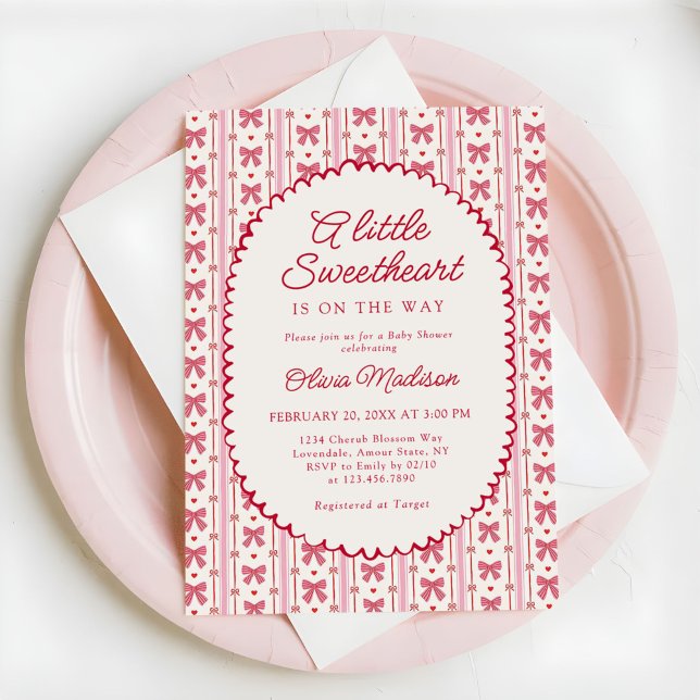 Invitación Little Sweetheart Pink Red Bow Baby Shower (Subido por el creador)