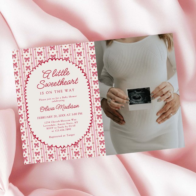 Invitación Little Sweetheart Pink Red Bow Baby Shower Photo (Subido por el creador)