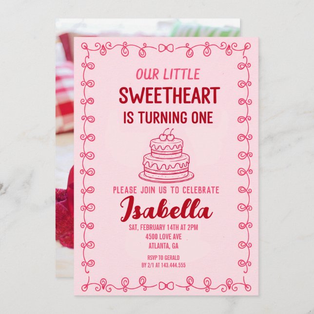 Invitación Little Sweetheart Valentine 1st Birthday Cake  (Anverso / Reverso)