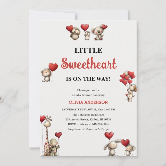 Invitación Little Sweetheart Valentine animals Baby Shower  (Anverso)