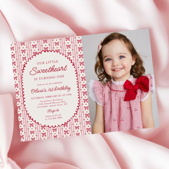 Invitación Little Sweetheart Valentine Bow 1st Birthday Photo (Subido por el creador)